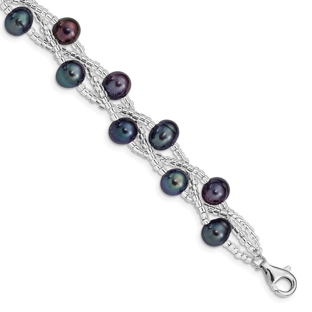 Kazi Luxury Silver Rhd-plt 7-9mm Black FWC Pearl & Glass Beaded Bracelet